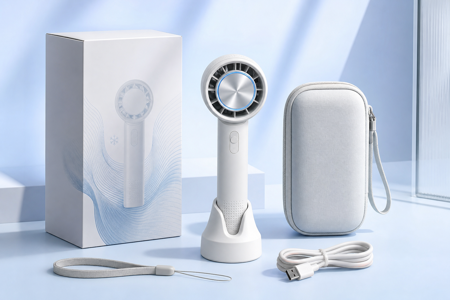 FrostJet fan kit with pouch, charging cable, lanyard and retail box
