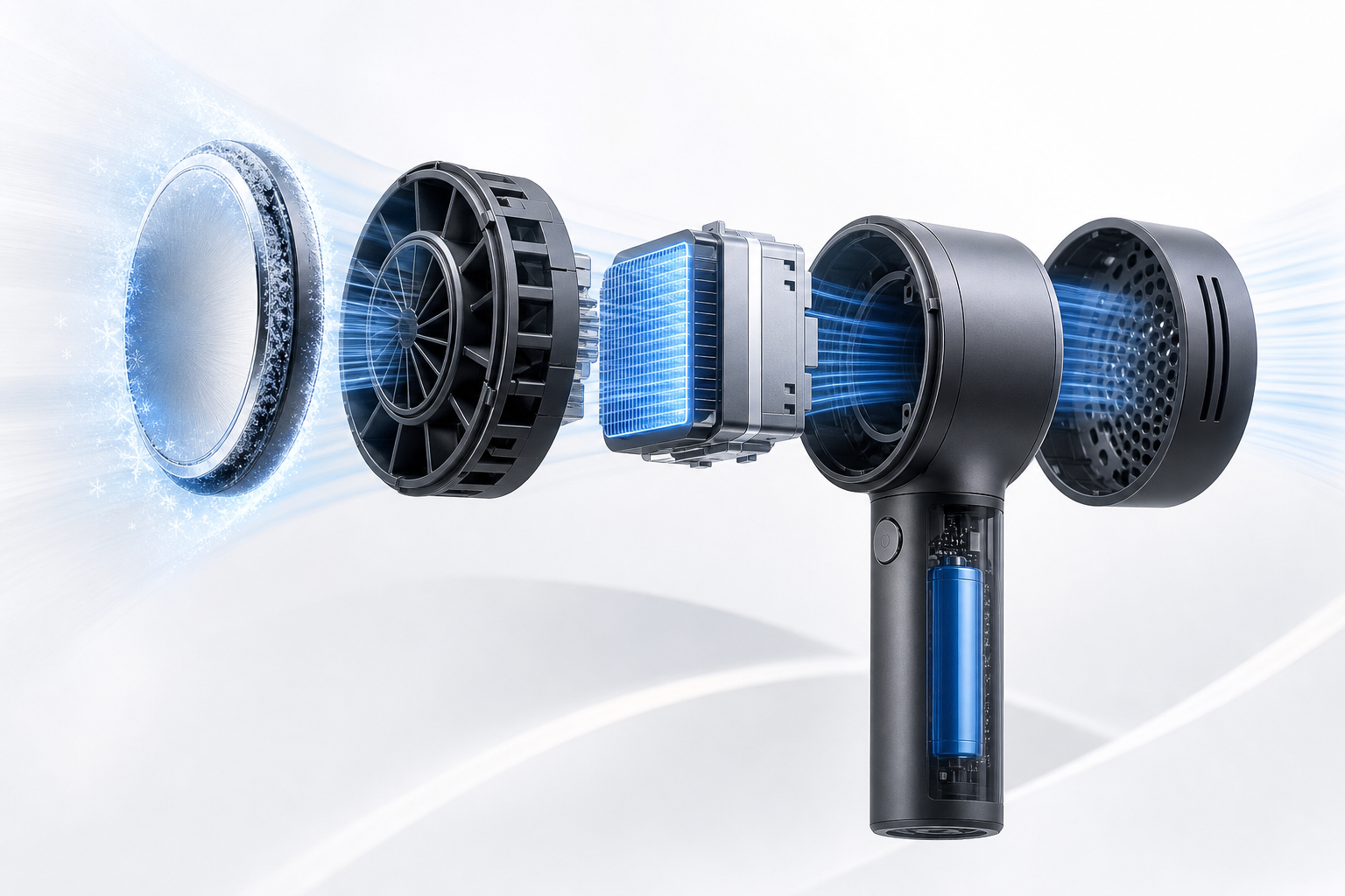 Exploded render showing cold plate, turbine ring, cooling module, battery handle and rear shell